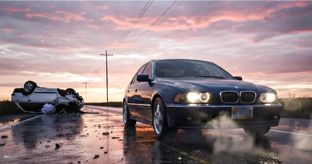 A blue car drives away from an overturned vehicle and a "Hit & Run Case" sign on a wet road