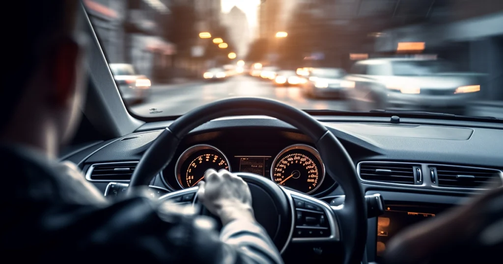Driver gripping steering wheel while speeding through blurred city street at dusk.