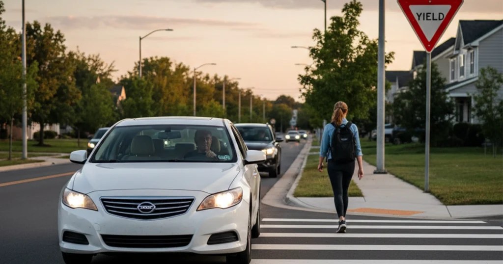 Pedestrian crossing street as cars approach near yield sign.