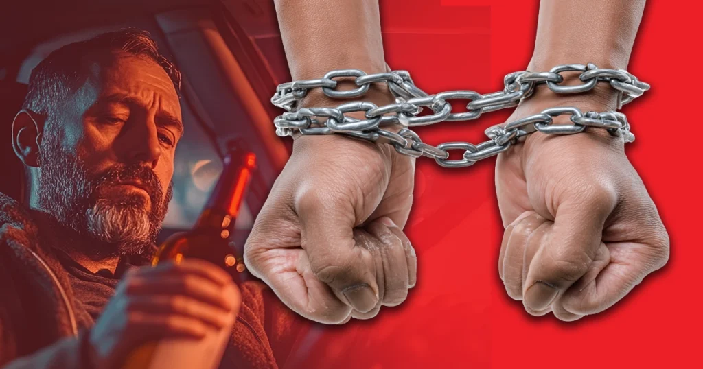 Man holding alcohol with chained hands symbolizing DUI consequences.