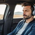 Man wearing headphones driving car on open road.