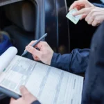 Driving license details being checked during traffic stop.