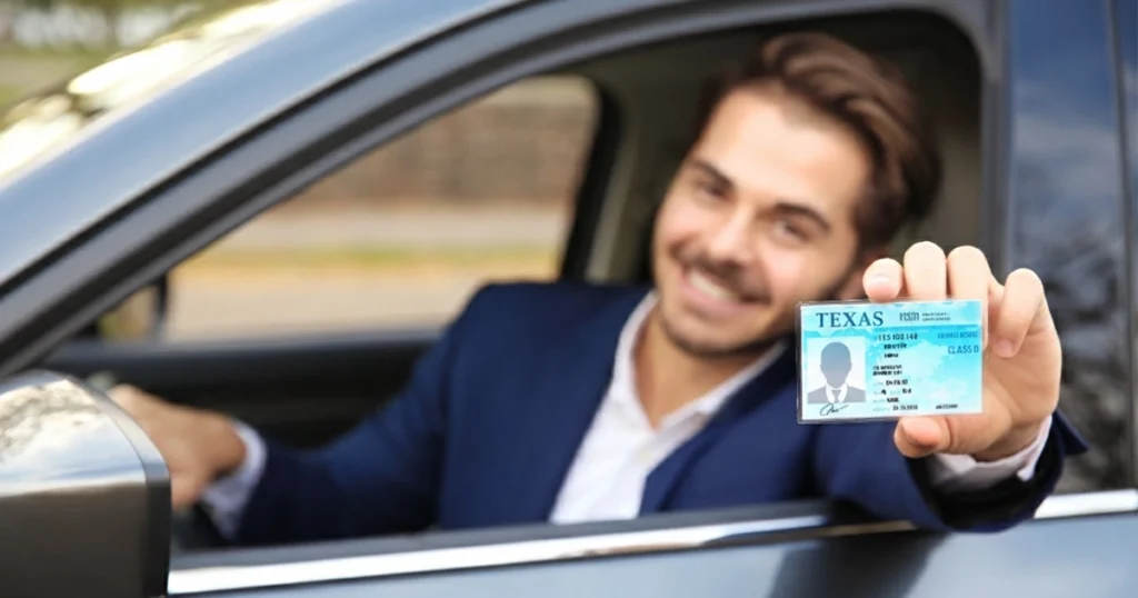 Smiling man in car holding up Texas driver’s license toward camera.