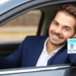 Smiling man in car holding up Texas driver’s license toward camera.