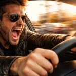 Angry man aggressively driving fast car, shouting behind the wheel.