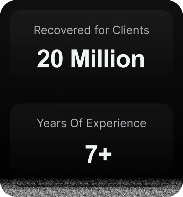 Black and white screen displaying the text: "Recovered for clients: 20 million years of experience.