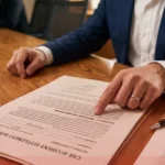 A legal professional pointing at a settlement figure on a contract during a meeting with a client.