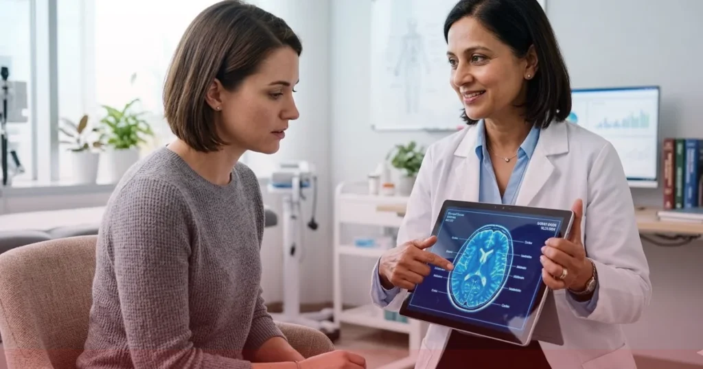 A medical professional showing a patient a brain scan on a digital tablet in a clean clinic setting