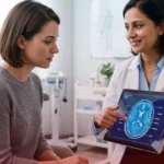 A medical professional showing a patient a brain scan on a digital tablet in a clean clinic setting
