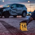 An accident investigator in a reflective vest placing yellow evidence markers near a car tire at a scene.