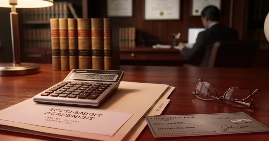 Law office desk with settlement agreement, check, eyeglasses, and legal documents in a professional setting.