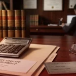 Law office desk with settlement agreement, check, eyeglasses, and legal documents in a professional setting.