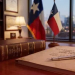 Law office desk with Texas civil law book and settlement case file.
