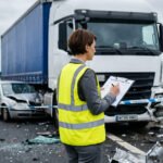 Insurance investigator completes an accident claim form beside a semi-truck and damaged car.