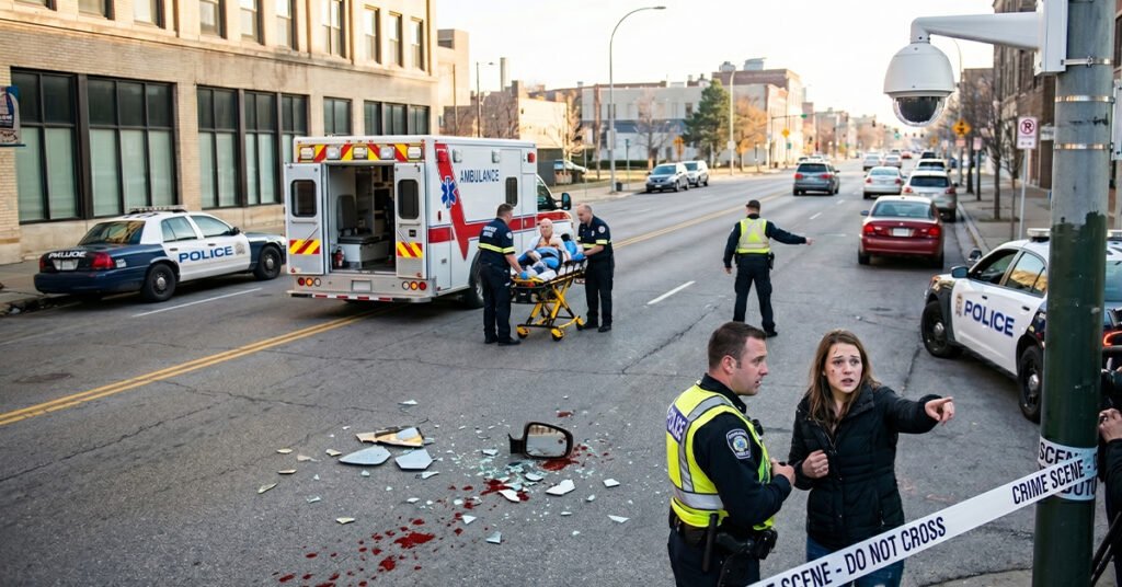 Police investigate a daytime street accident scene with shattered glass and police tape.