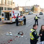 Police investigate a daytime street accident scene with shattered glass and police tape.