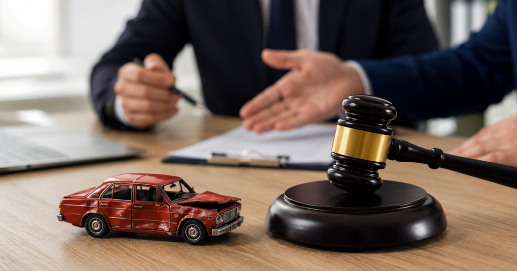 Car accident lawsuit concept with gavel.