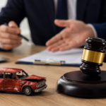 Car accident lawsuit concept with gavel.
