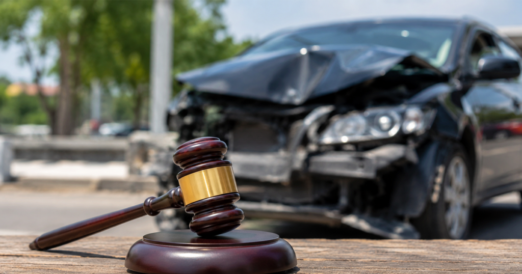 Gavel with damaged car in background