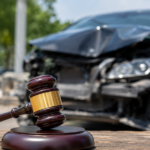 Gavel with damaged car in background