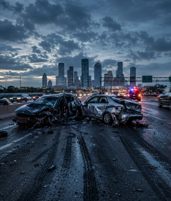 Two severely wrecked cars block a wet highway at dusk with emergency vehicle lights and a city skyline in the background.