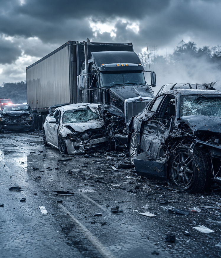 Multiple heavily damaged cars are piled up against the front of a large semi-truck on a wet highway under dark, cloudy skies.