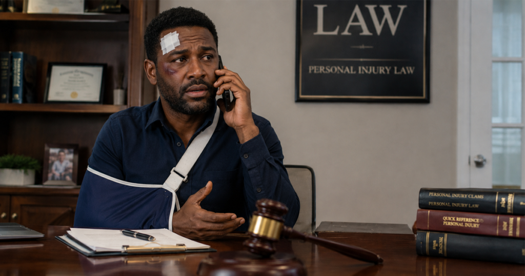 Injured man with arm sling talking on the phone at a lawyer’s desk, with a gavel in front.