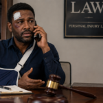 Injured man with arm sling talking on the phone at a lawyer’s desk, with a gavel in front.