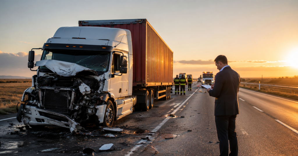 Damaged semi-truck on a highway at sunset while a man in a suit writes on a clipboard near the crash scene.