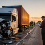 Damaged semi-truck on a highway at sunset while a man in a suit writes on a clipboard near the crash scene.