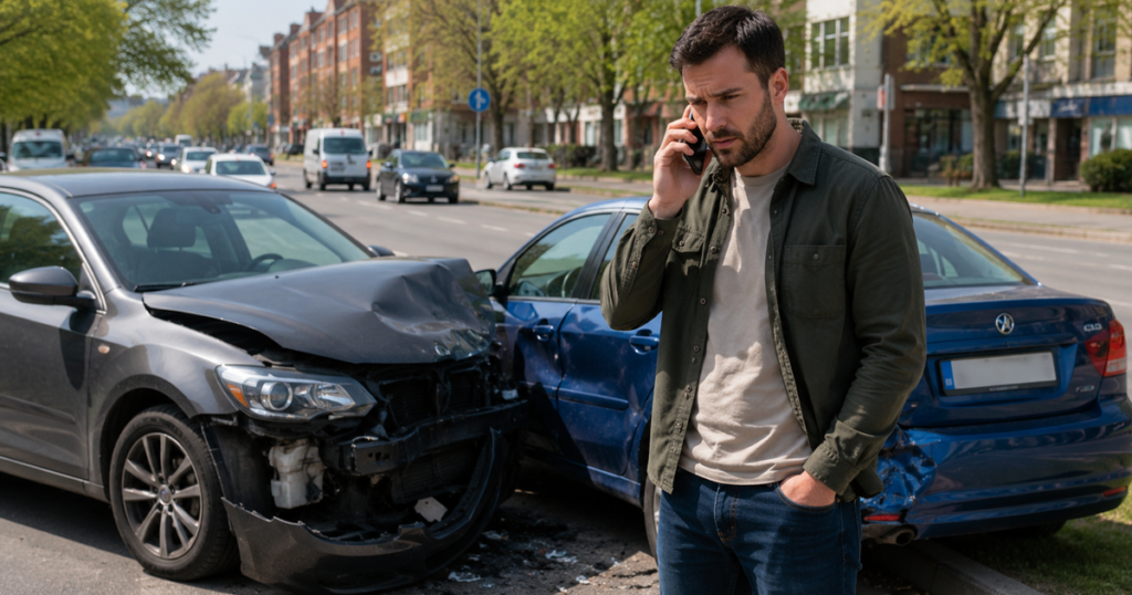 Man on phone beside two crashed cars on a city street.