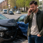 Man on phone beside two crashed cars on a city street.