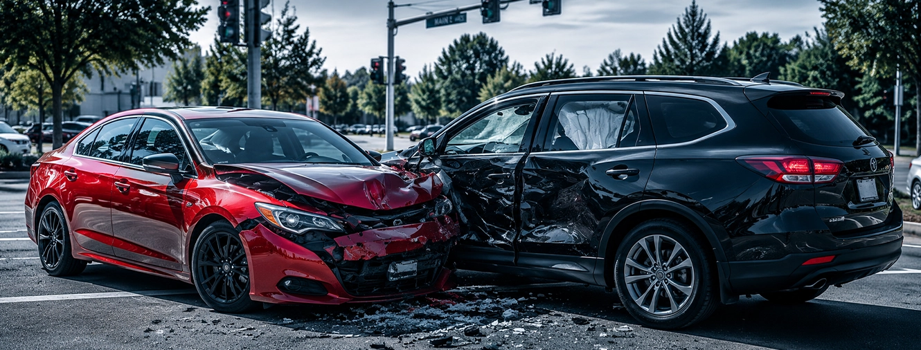 A red sedan with a crushed front end sits crumpled against the side of a black SUV in a roadway collision.