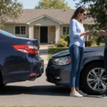 Two drivers exchange information after a minor fender bender on a Texas suburban street.