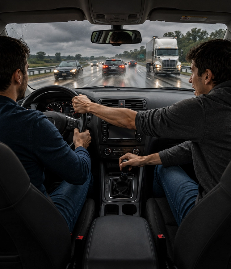 A passenger reaches over to grab the steering wheel from the driver inside a car traveling on a rainy highway.