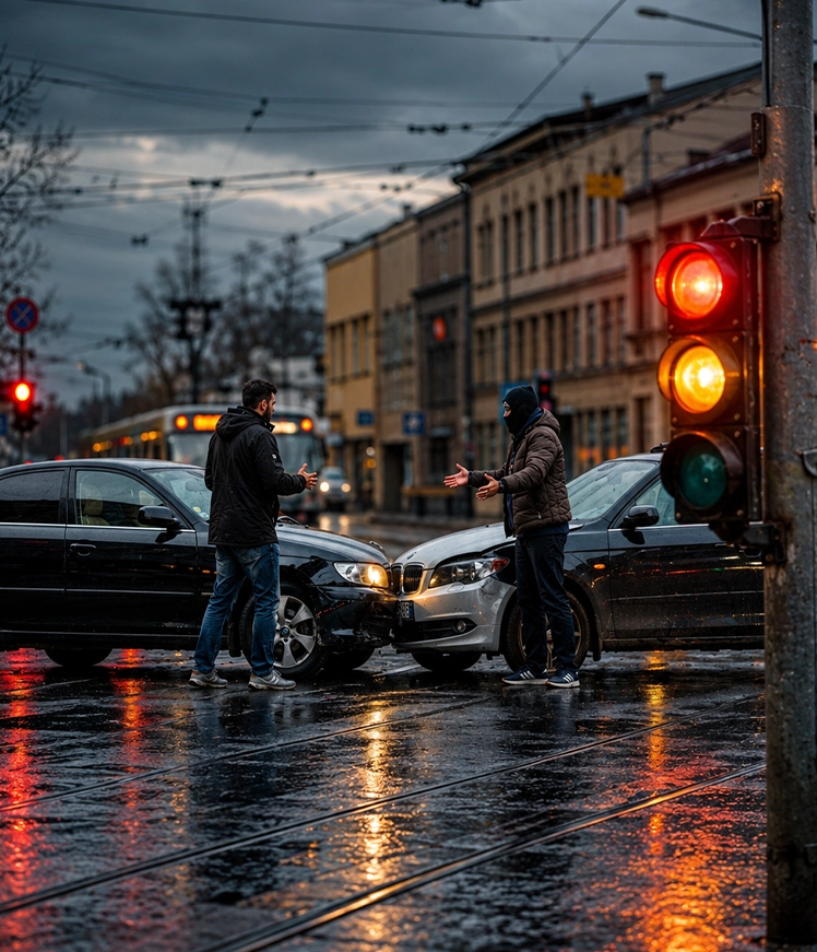 An emergency responder tends to an injured driver with a bleeding head wound sitting inside a silver car with deployed airbags following an accident on a rainy highway.