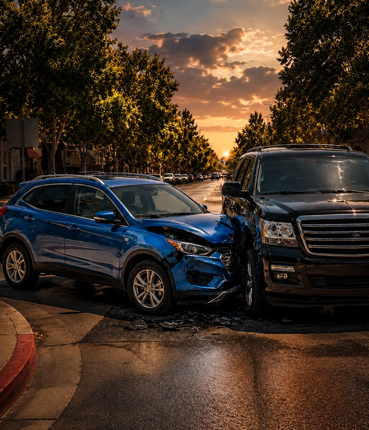 A blue compact SUV and a black full-size SUV sit heavily damaged on a city street corner after a collision at sunset.