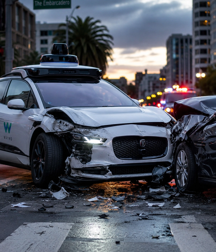 A white Waymo autonomous Jaguar SUV shows heavy front-end damage after a collision with a black car on a city street.