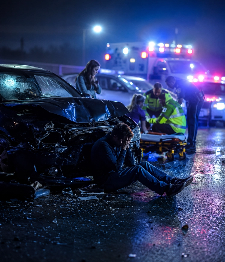 A distressed man sits on the pavement with his head in his hands next to a wrecked car while emergency responders work in the background.