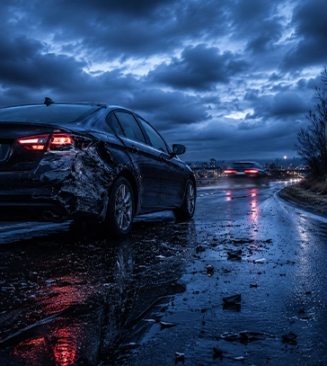 The rear driver's side of a black sedan shows dented and scratched collision damage on a wet highway at twilight.