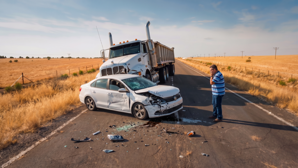 A driver standing near a white car damaged in a collision with a semi-truck on a rural road.