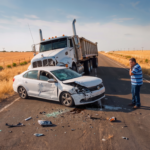 A driver standing near a white car damaged in a collision with a semi-truck on a rural road.