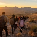 Migrants walking through desert landscape during sunrise with distant mountains.