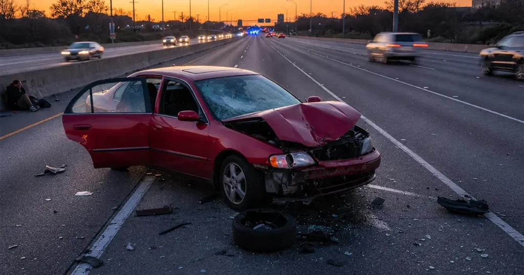 Red car with severe front-end damage after a highway crash at sunset.