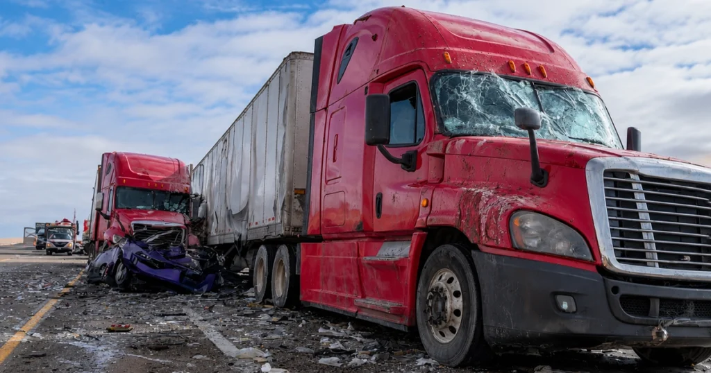 Damaged red semi-trucks and a crushed car at a major highway accident scene.