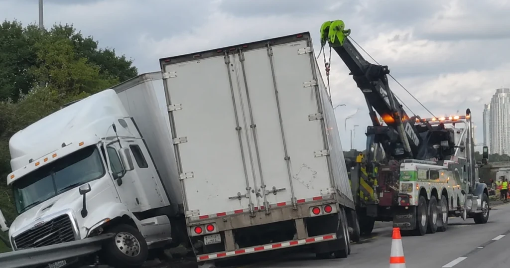 Tow truck recovering a crashed semi-truck on a highway.