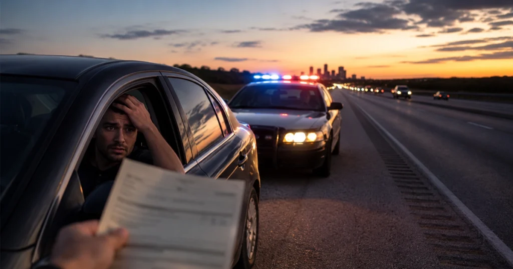 Worried driver receives a citation during a police traffic stop on a Texas highway at sunset.