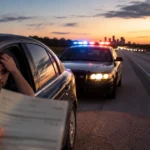 Worried driver receives a citation during a police traffic stop on a Texas highway at sunset.