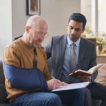 An injured man with his arm in a sling, signing legal documents on a clipboard next to his lawyer.