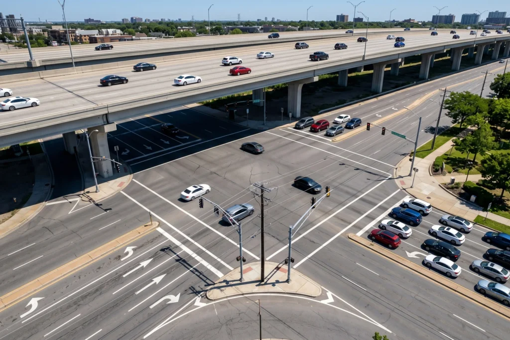 High-angle view of a multi-lane city intersection with traffic, situated directly beneath a large, elevated concrete highway overpass carrying several cars.